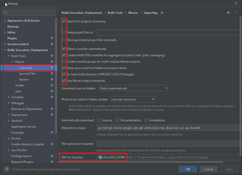 maven import settings and JDK for importer