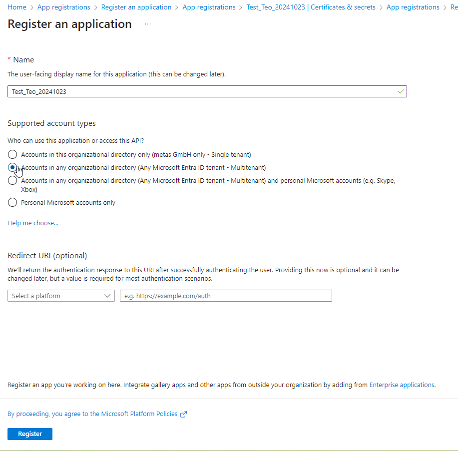 Fig.: App registration options