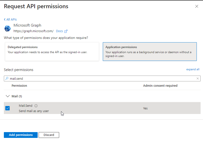 Fig.: Microsoft Graph API - select mail.send permission