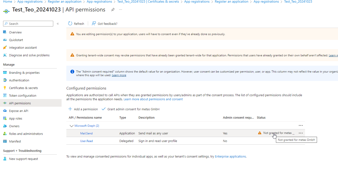 Fig.: Microsoft Graph API - permissions not granted