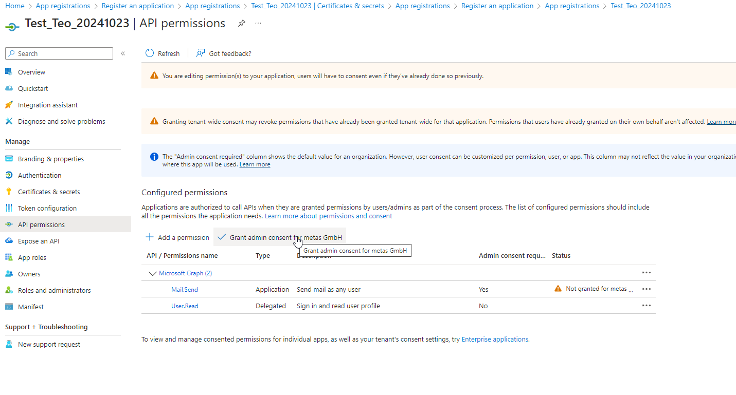 Fig.: Microsoft Graph API - Grant admin consent