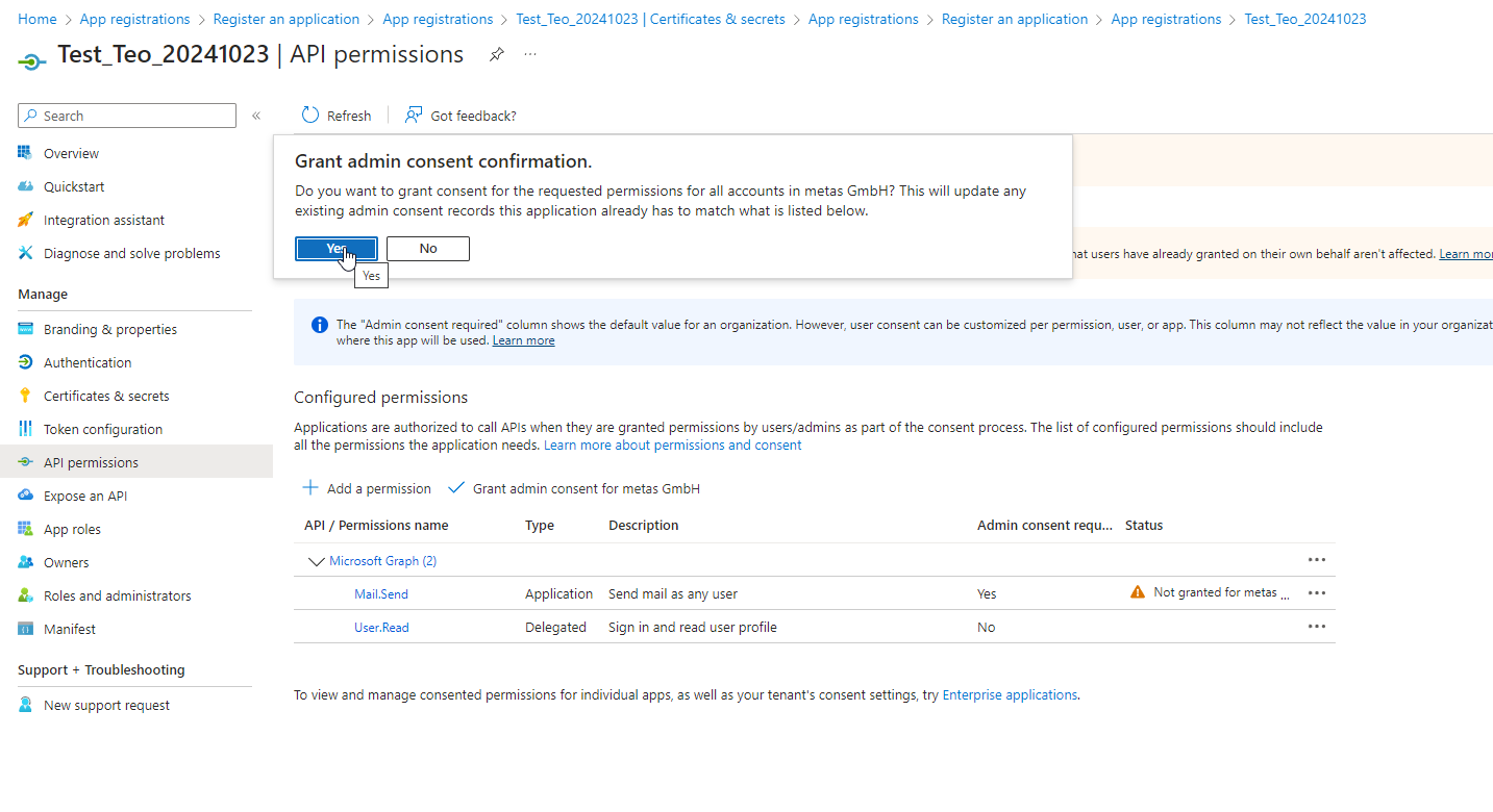 Fig.: Microsoft Graph API - Confirm granting admin consent