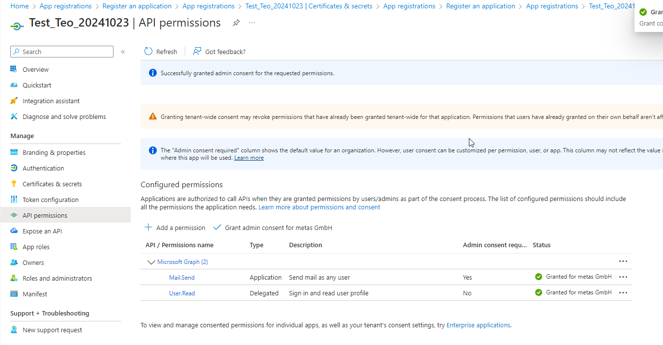 Fig.: Microsoft Graph API - Permissions granted successfully