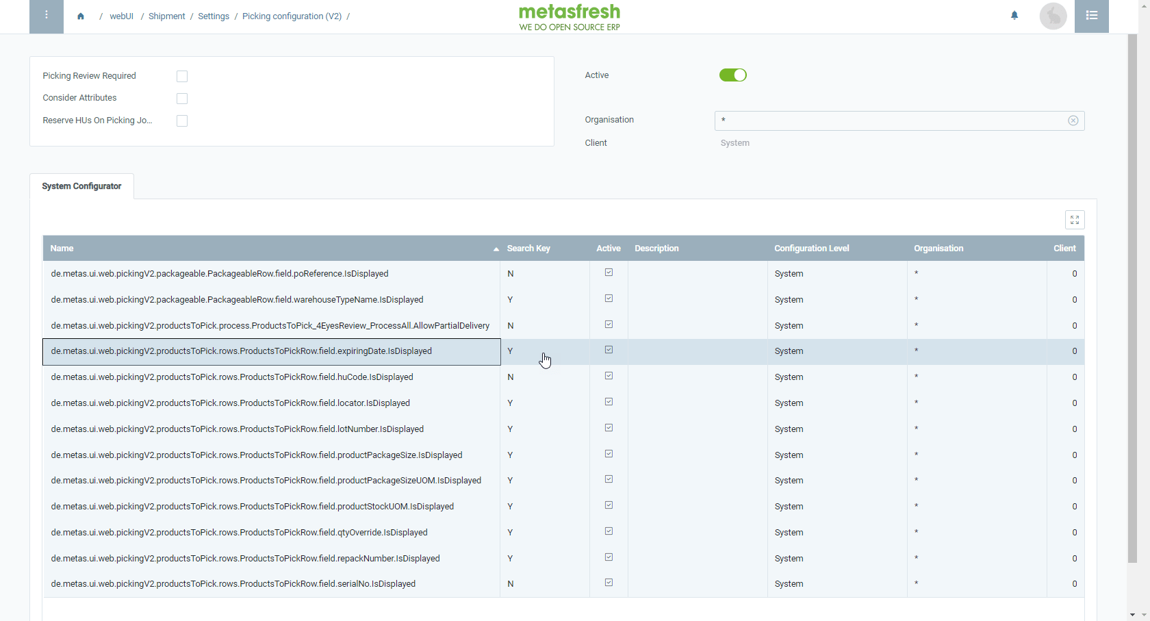 Fig.: Set the configuration entry to 'Y' for the expiration date to show in the picking terminal (v2)